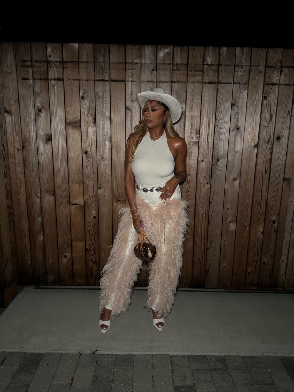 Feather-Trim Wide Leg Pants in Blush Pink